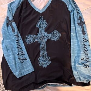 Blue & Black Cross Graphic Long Sleeve Top